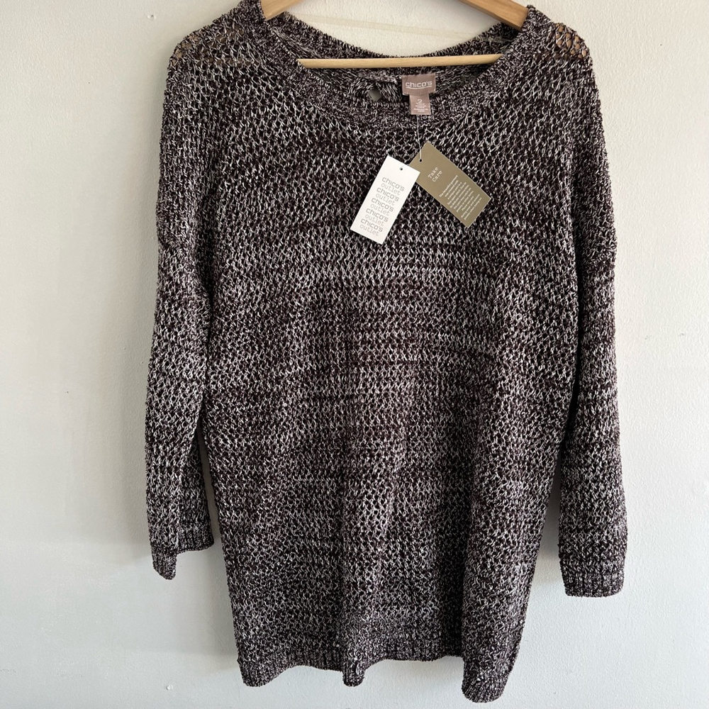 NWT Chico's Brown White Open Knit Sweater Size 2